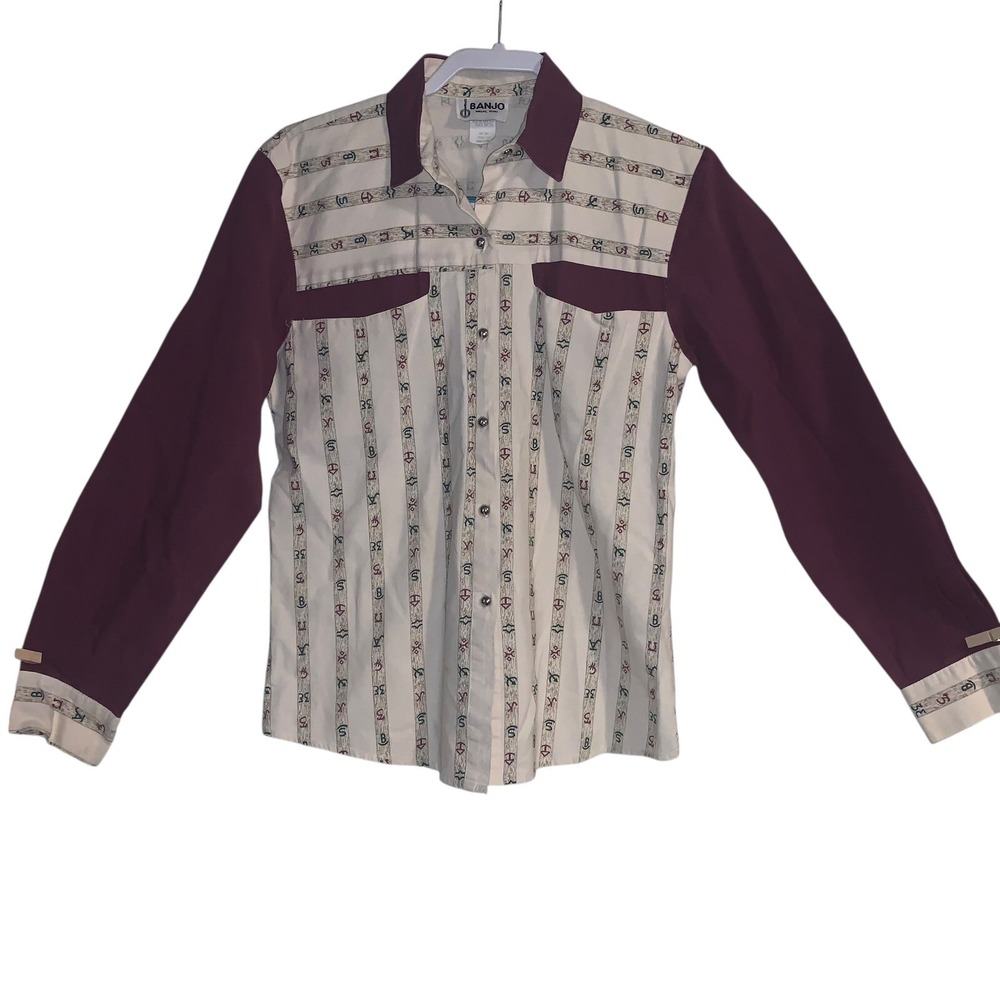 Vtg Banjo Dallas Tx‎  Western Button Shirt Womens M Purple Cowgirlcore Made USA